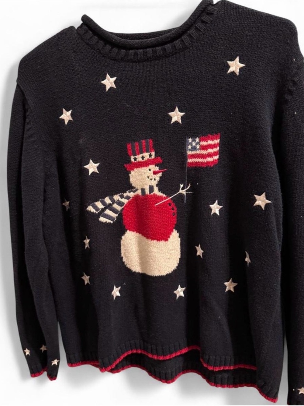 Christopher & Banks Black Crewneck Sweater with Snowman and Stars